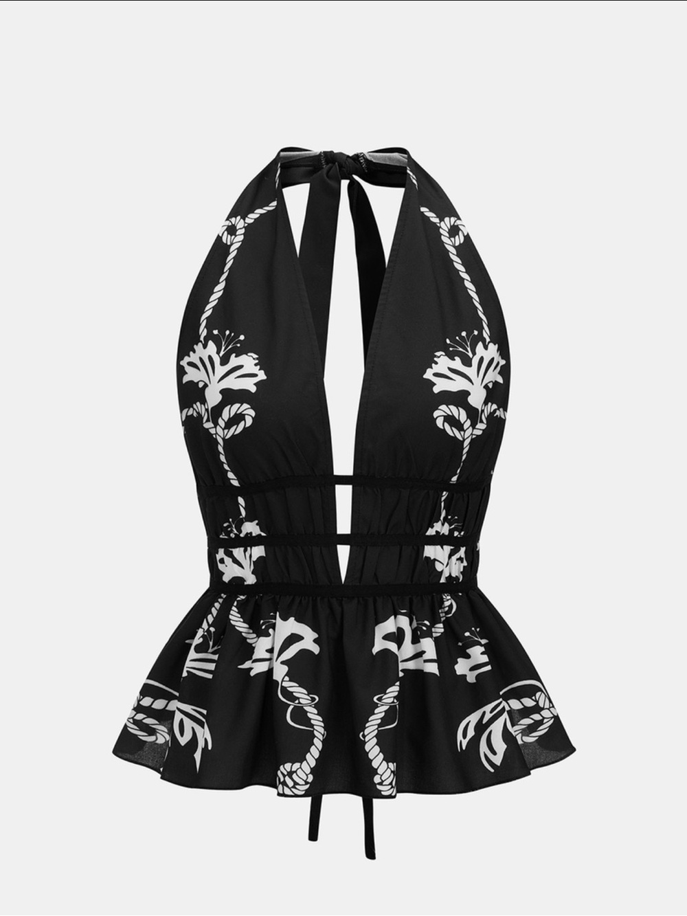 Commense Black Halter Peplum top with White Rope Print